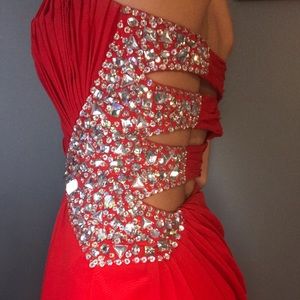 Strapless red dress with rhinestones